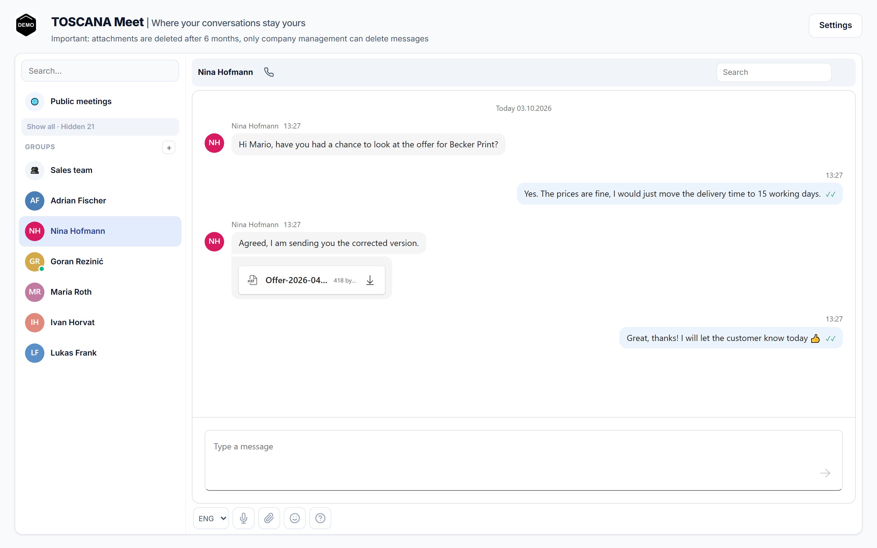Toscana Meet - conversation between two colleagues with an offer attached