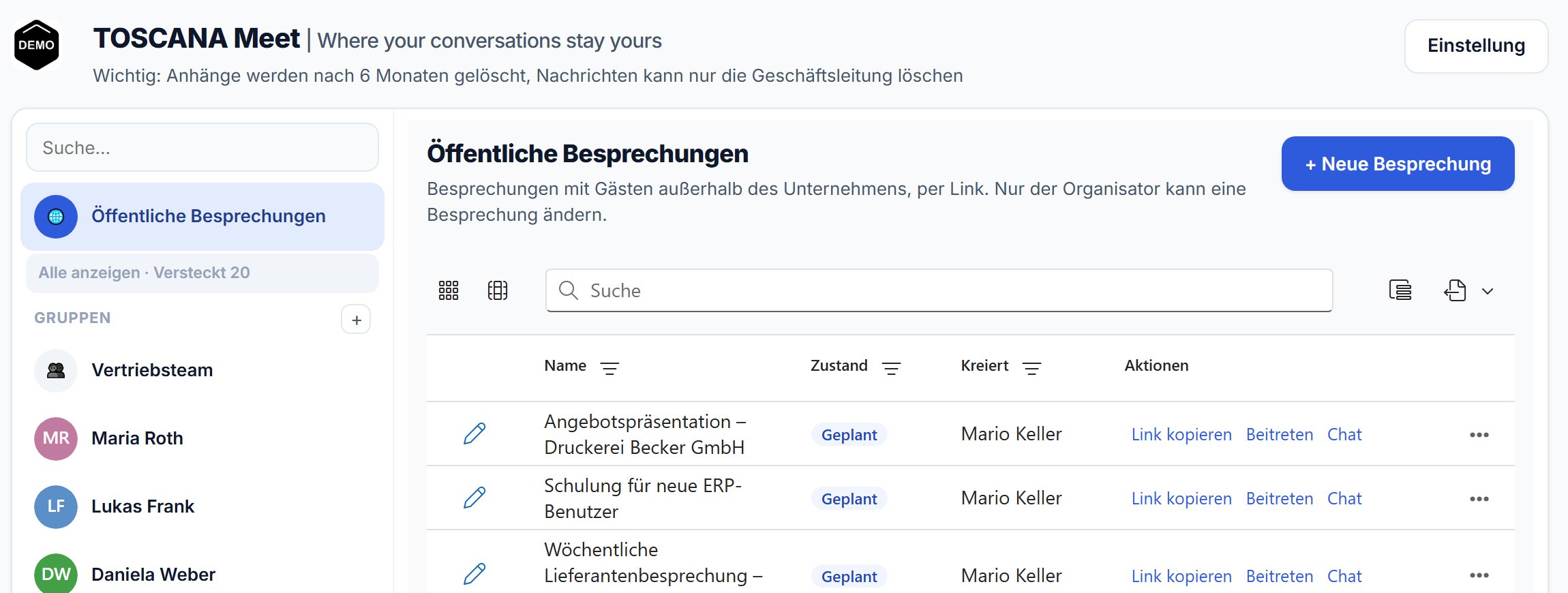 Toscana Meet - Liste der öffentlichen Besprechungen