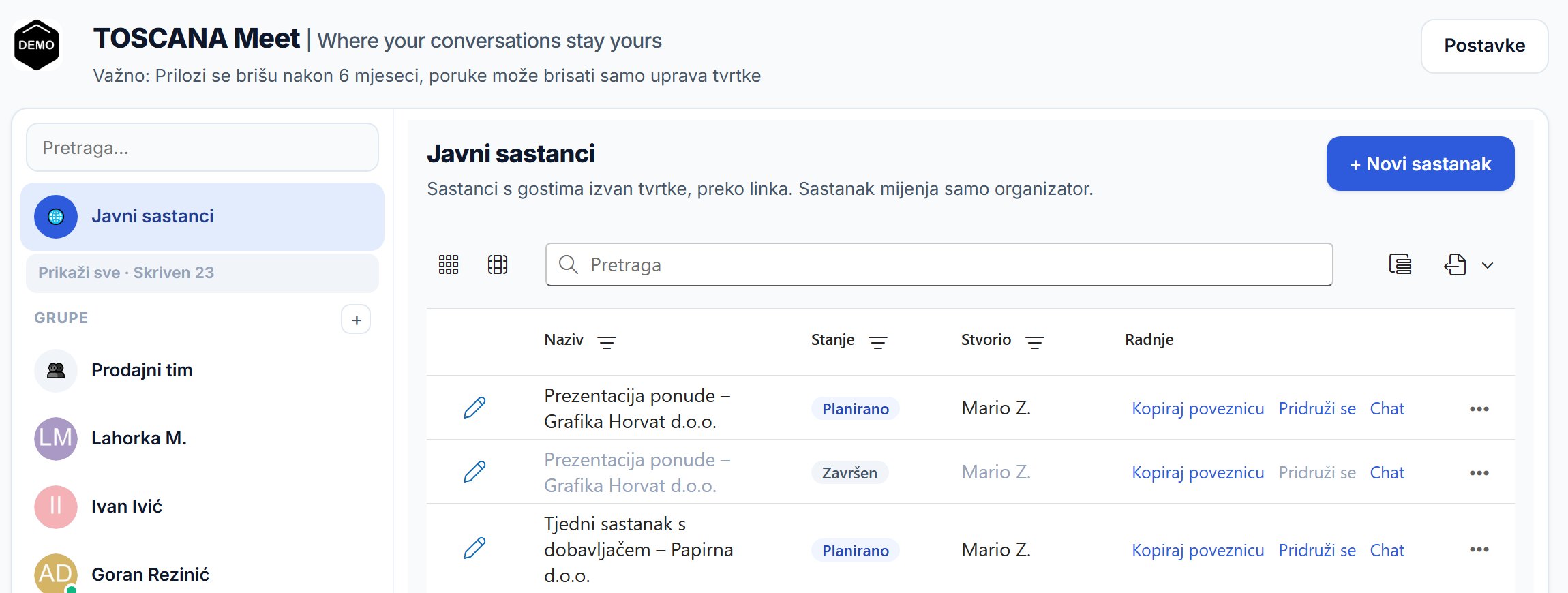 Toscana Meet - popis javnih sastanaka