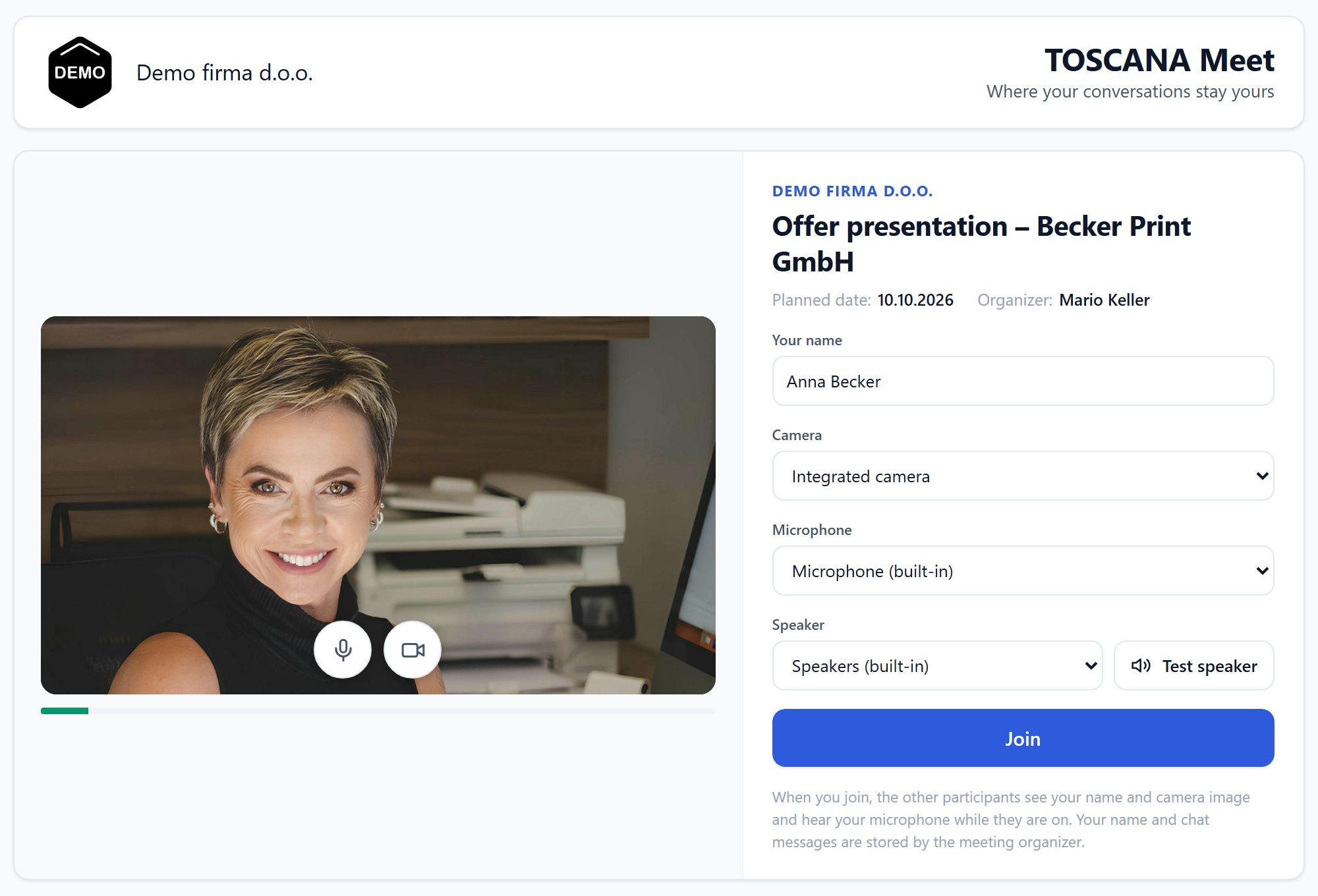 Toscana Meet - guest pre-join screen with camera and microphone check