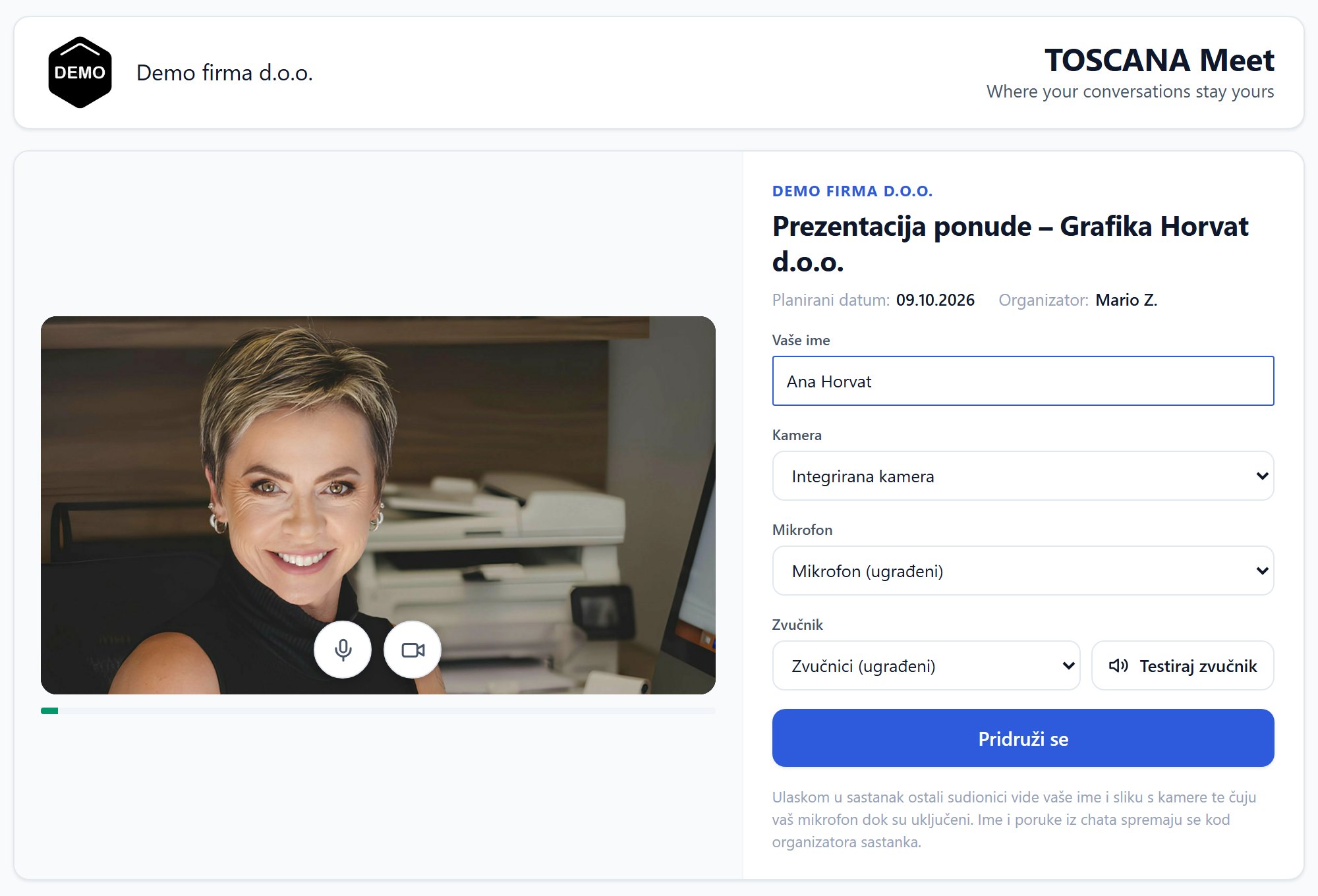 Toscana Meet - predsoba gosta s provjerom kamere i mikrofona